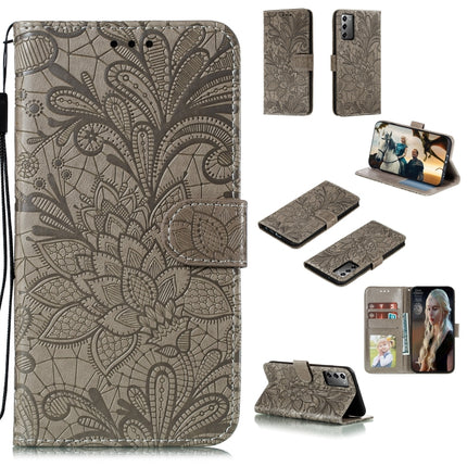For Samsung Galaxy Note20 Lace Flower Horizontal Flip Leather Case with Holder & Card Slots & Wallet & Photo Frame(Grey)-garmade.com