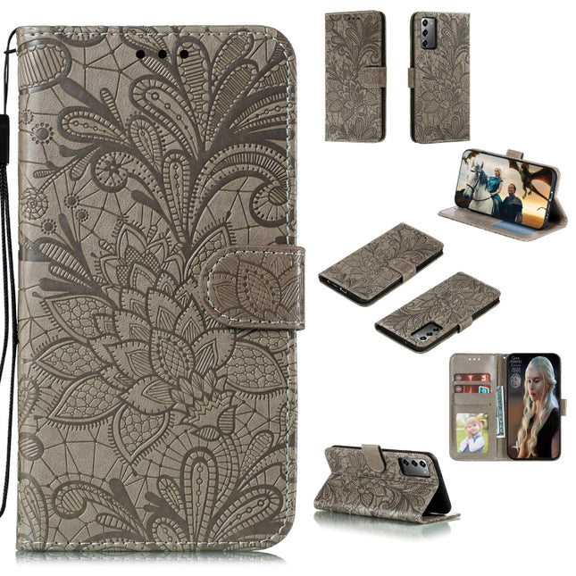 For Samsung Galaxy Note20 Lace Flower Horizontal Flip Leather Case with Holder & Card Slots & Wallet & Photo Frame(Grey)-garmade.com