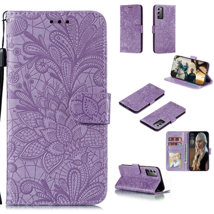 For Samsung Galaxy Note20 Lace Flower Horizontal Flip Leather Case with Holder & Card Slots & Wallet & Photo Frame(Purple)-garmade.com