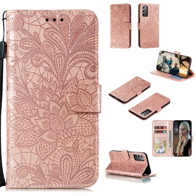 For Samsung Galaxy Note20 Lace Flower Horizontal Flip Leather Case with Holder & Card Slots & Wallet & Photo Frame(Rose Gold)-garmade.com