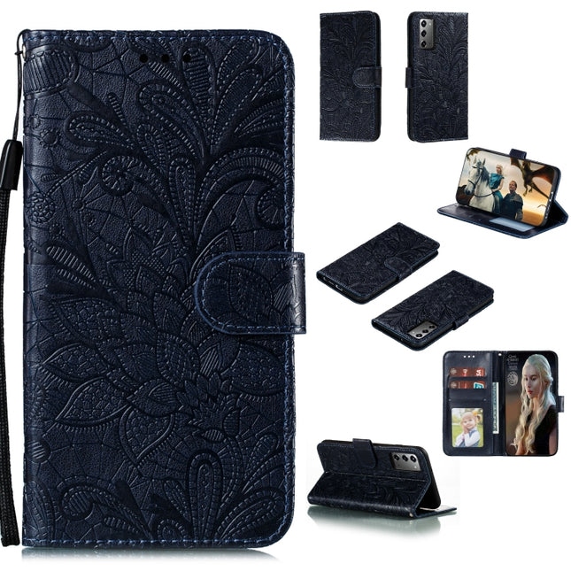 For Samsung Galaxy Note20 Lace Flower Horizontal Flip Leather Case with Holder & Card Slots & Wallet & Photo Frame(Dark Blue)-garmade.com