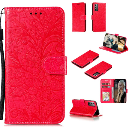 For Samsung Galaxy Note20 Lace Flower Horizontal Flip Leather Case with Holder & Card Slots & Wallet & Photo Frame(Red)-garmade.com
