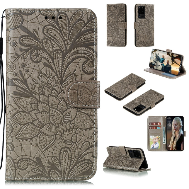 For Samsung Galaxy Note20 Ultra Lace Flower Horizontal Flip Leather Case with Holder & Card Slots & Wallet & Photo Frame(Grey)-garmade.com