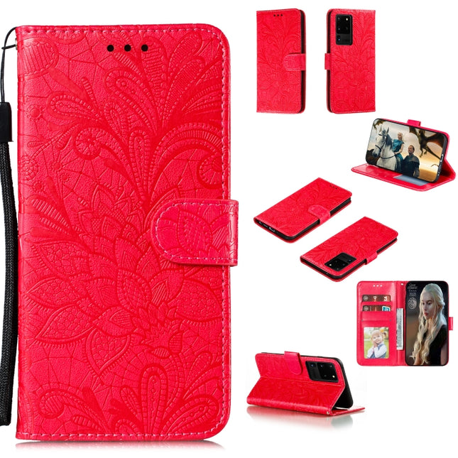 For Samsung Galaxy Note20 Ultra Lace Flower Horizontal Flip Leather Case with Holder & Card Slots & Wallet & Photo Frame(Red)-garmade.com