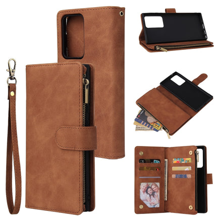 For Samsung Galaxy Note20 Ultra Multifunctional Retro Frosted Horizontal Flip Leather Case with Card Slot & Holder & Zipper Wallet & Photo Frame & Lanyard(Brown)-garmade.com