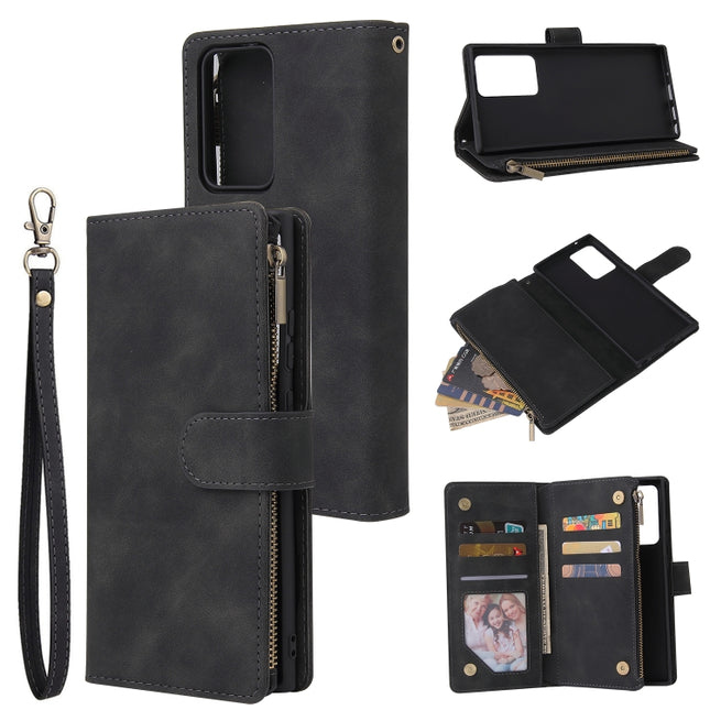 For Samsung Galaxy Note20 Multifunctional Retro Frosted Horizontal Flip Leather Case with Card Slot & Holder & Zipper Wallet & Photo Frame & Lanyard(Black)-garmade.com