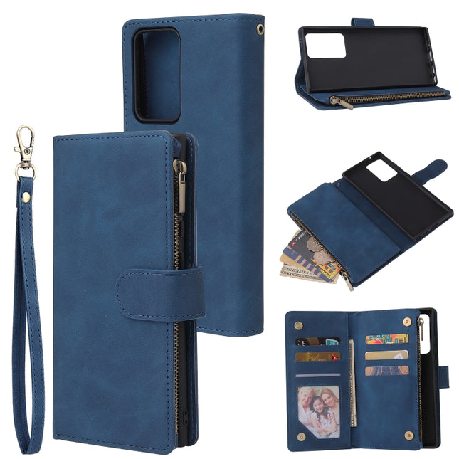 For Samsung Galaxy Note20 Multifunctional Retro Frosted Horizontal Flip Leather Case with Card Slot & Holder & Zipper Wallet & Photo Frame & Lanyard(Blue)-garmade.com