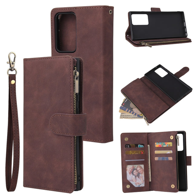 For Samsung Galaxy Note20 Multifunctional Retro Frosted Horizontal Flip Leather Case with Card Slot & Holder & Zipper Wallet & Photo Frame & Lanyard(Coffee)-garmade.com