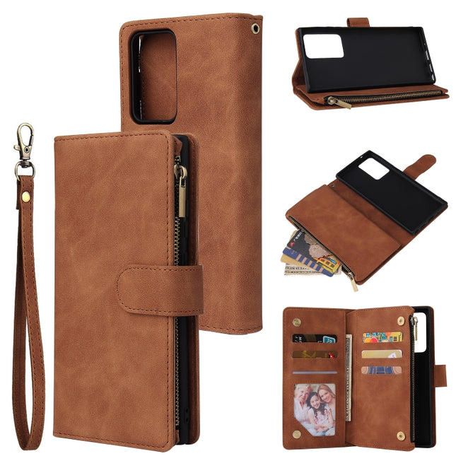 For Samsung Galaxy Note20 Multifunctional Retro Frosted Horizontal Flip Leather Case with Card Slot & Holder & Zipper Wallet & Photo Frame & Lanyard(Brown)-garmade.com