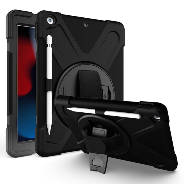 For iPad 10.2 2021 / 2020 / 2019 Shockproof Colorful Silicone + PC Protective Case with Holder & Shoulder Strap & Hand Strap & Pen Slot(Black)-garmade.com