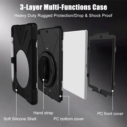 For iPad 10.2 2021 / 2020 / 2019 Shockproof Colorful Silicone + PC Protective Case with Holder & Shoulder Strap & Hand Strap & Pen Slot(Black)-garmade.com