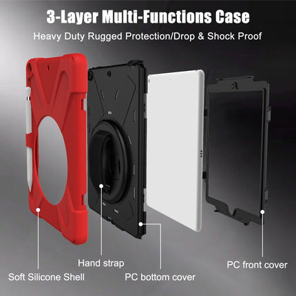 For iPad 10.2 2021 / 2020 / 2019 Shockproof Colorful Silicone + PC Protective Case with Holder & Shoulder Strap & Hand Strap & Pen Slot(Red)-garmade.com