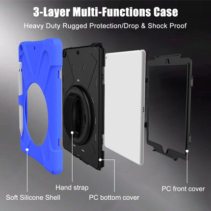 For iPad 10.2 2021 / 2020 / 2019 Shockproof Colorful Silicone + PC Protective Case with Holder & Shoulder Strap & Hand Strap & Pen Slot(Blue)-garmade.com
