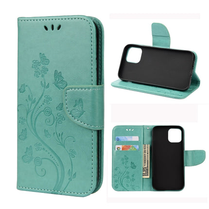 For iPhone 12 / 12 Pro Butterfly Flower Pattern Horizontal Flip Leather Case with Holder & Card Slots & Wallet(Green)-garmade.com