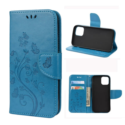 For iPhone 12 / 12 Pro Butterfly Flower Pattern Horizontal Flip Leather Case with Holder & Card Slots & Wallet(Blue)-garmade.com