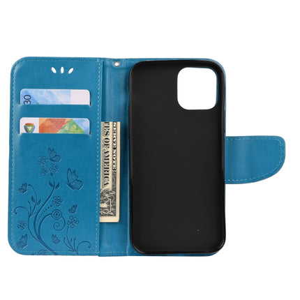 For iPhone 12 / 12 Pro Butterfly Flower Pattern Horizontal Flip Leather Case with Holder & Card Slots & Wallet(Blue)-garmade.com