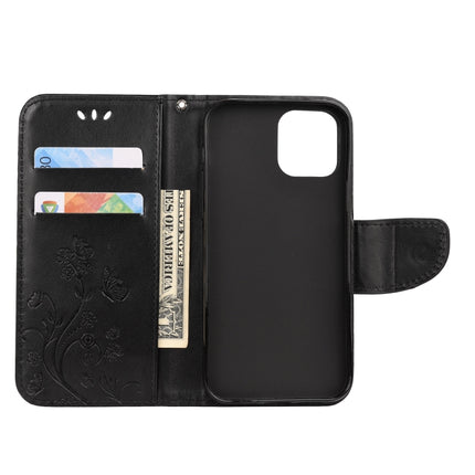 For iPhone 12 / 12 Pro Butterfly Flower Pattern Horizontal Flip Leather Case with Holder & Card Slots & Wallet(Black)-garmade.com