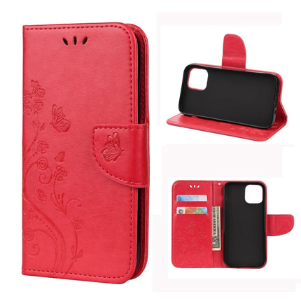 For iPhone 12 / 12 Pro Butterfly Flower Pattern Horizontal Flip Leather Case with Holder & Card Slots & Wallet(Red)-garmade.com