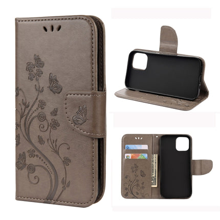 For iPhone 12 / 12 Pro Butterfly Flower Pattern Horizontal Flip Leather Case with Holder & Card Slots & Wallet(Grey)-garmade.com