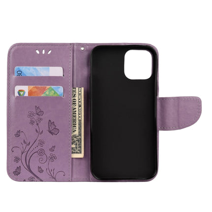 For iPhone 12 / 12 Pro Butterfly Flower Pattern Horizontal Flip Leather Case with Holder & Card Slots & Wallet(Light Purple)-garmade.com