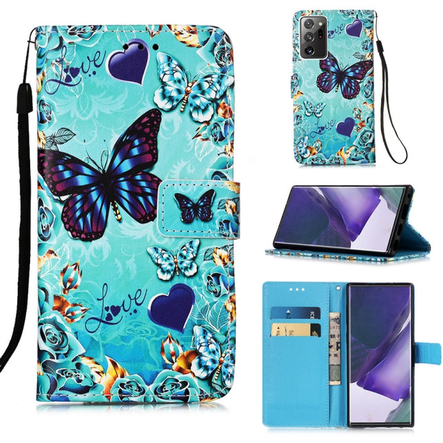 For Samsung Galaxy Note20 Ultra Colored Drawing Pattern Plain Weave Horizontal Flip Leather Case with Holder & Card Slot & Wallet & Lanyard(Caring Butterfly)-garmade.com