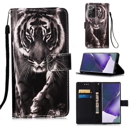 For Samsung Galaxy Note20 Ultra Colored Drawing Pattern Plain Weave Horizontal Flip Leather Case with Holder & Card Slot & Wallet & Lanyard(Black And White Tiger)-garmade.com