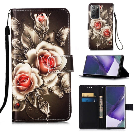 For Samsung Galaxy Note20 Ultra Colored Drawing Pattern Plain Weave Horizontal Flip Leather Case with Holder & Card Slot & Wallet & Lanyard(Roses On Black)-garmade.com