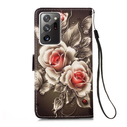 For Samsung Galaxy Note20 Ultra Colored Drawing Pattern Plain Weave Horizontal Flip Leather Case with Holder & Card Slot & Wallet & Lanyard(Roses On Black)-garmade.com