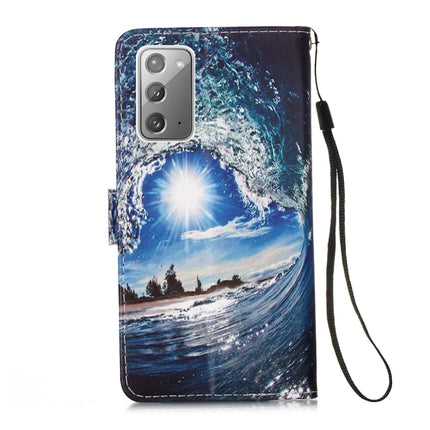 For Samsung Galaxy Note20 Colored Drawing Pattern Plain Weave Horizontal Flip Leather Case with Holder & Card Slot & Wallet & Lanyard(Waves And Sun)-garmade.com