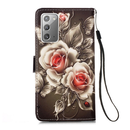 For Samsung Galaxy Note20 Colored Drawing Pattern Plain Weave Horizontal Flip Leather Case with Holder & Card Slot & Wallet & Lanyard(Roses On Black)-garmade.com
