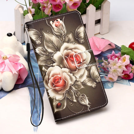 For Samsung Galaxy Note20 Colored Drawing Pattern Plain Weave Horizontal Flip Leather Case with Holder & Card Slot & Wallet & Lanyard(Roses On Black)-garmade.com