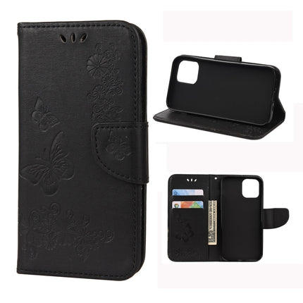 For iPhone 12 mini Vintage Embossed Floral Butterfly Pattern Horizontal Flip Leather Case with Card Slot & Holder & Wallet & Lanyard(Black)-garmade.com