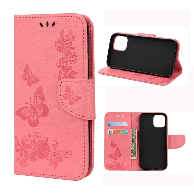 For iPhone 12 mini Vintage Embossed Floral Butterfly Pattern Horizontal Flip Leather Case with Card Slot & Holder & Wallet & Lanyard(Pink)-garmade.com