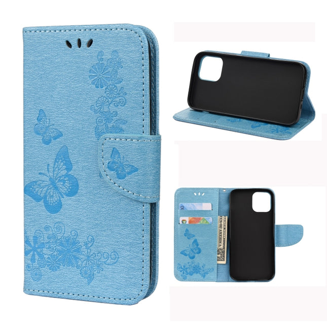 For iPhone 12 mini Vintage Embossed Floral Butterfly Pattern Horizontal Flip Leather Case with Card Slot & Holder & Wallet & Lanyard(Blue)-garmade.com