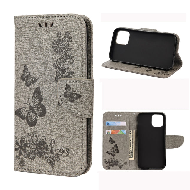 For iPhone 12 mini Vintage Embossed Floral Butterfly Pattern Horizontal Flip Leather Case with Card Slot & Holder & Wallet & Lanyard(Grey)-garmade.com