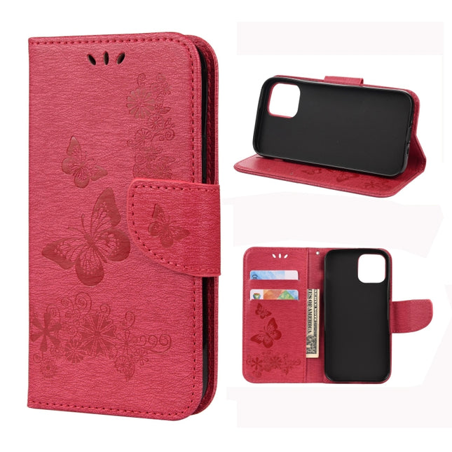 For iPhone 12 mini Vintage Embossed Floral Butterfly Pattern Horizontal Flip Leather Case with Card Slot & Holder & Wallet & Lanyard(Red)-garmade.com