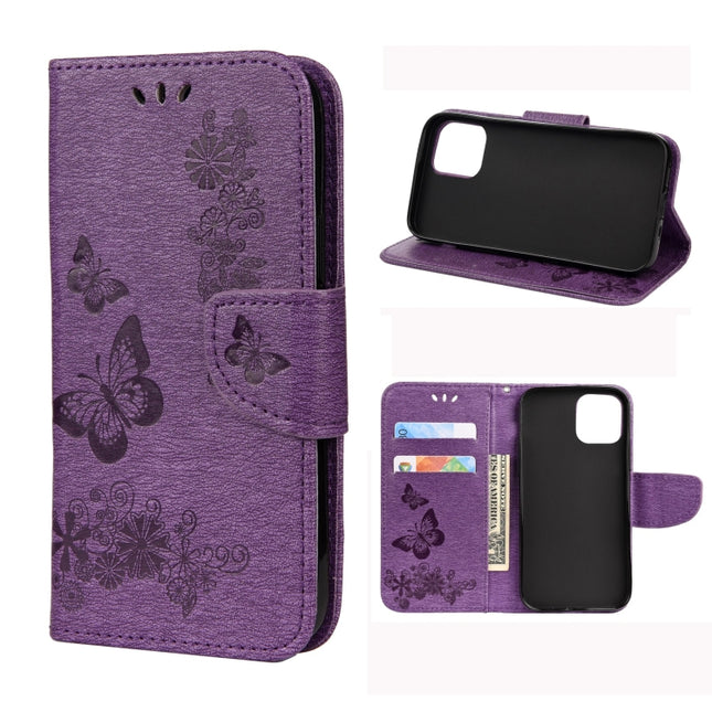 For iPhone 12 mini Vintage Embossed Floral Butterfly Pattern Horizontal Flip Leather Case with Card Slot & Holder & Wallet & Lanyard(Purple)-garmade.com
