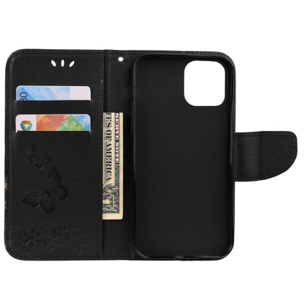 For iPhone 12 / 12 Pro Vintage Embossed Floral Butterfly Pattern Horizontal Flip Leather Case with Card Slot & Holder & Wallet & Lanyard(Black)-garmade.com