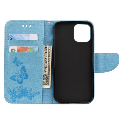 For iPhone 12 / 12 Pro Vintage Embossed Floral Butterfly Pattern Horizontal Flip Leather Case with Card Slot & Holder & Wallet & Lanyard(Blue)-garmade.com