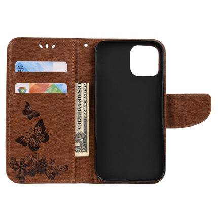 For iPhone 12 / 12 Pro Vintage Embossed Floral Butterfly Pattern Horizontal Flip Leather Case with Card Slot & Holder & Wallet & Lanyard(Brown)-garmade.com