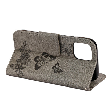 For iPhone 12 / 12 Pro Vintage Embossed Floral Butterfly Pattern Horizontal Flip Leather Case with Card Slot & Holder & Wallet & Lanyard(Grey)-garmade.com