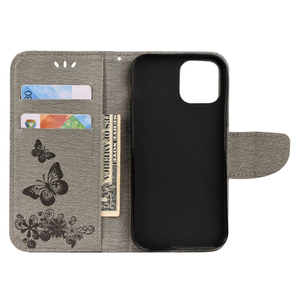 For iPhone 12 / 12 Pro Vintage Embossed Floral Butterfly Pattern Horizontal Flip Leather Case with Card Slot & Holder & Wallet & Lanyard(Grey)-garmade.com