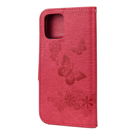 For iPhone 12 / 12 Pro Vintage Embossed Floral Butterfly Pattern Horizontal Flip Leather Case with Card Slot & Holder & Wallet & Lanyard(Red)-garmade.com