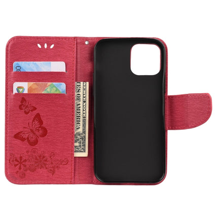 For iPhone 12 / 12 Pro Vintage Embossed Floral Butterfly Pattern Horizontal Flip Leather Case with Card Slot & Holder & Wallet & Lanyard(Red)-garmade.com