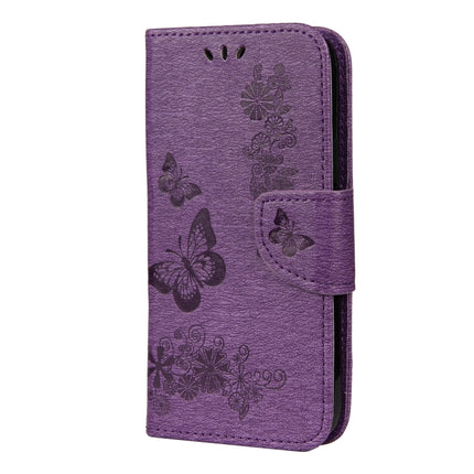 For iPhone 12 / 12 Pro Vintage Embossed Floral Butterfly Pattern Horizontal Flip Leather Case with Card Slot & Holder & Wallet & Lanyard(Purple)-garmade.com
