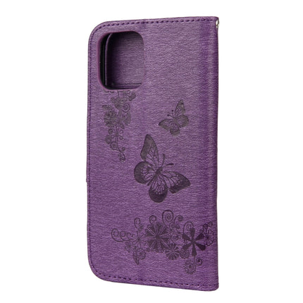 For iPhone 12 / 12 Pro Vintage Embossed Floral Butterfly Pattern Horizontal Flip Leather Case with Card Slot & Holder & Wallet & Lanyard(Purple)-garmade.com