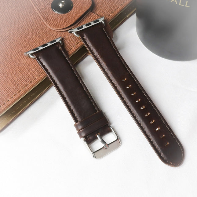 For Apple Watch Series 6 & SE & 5 & 4 40mm / 3 & 2 & 1 38mm Round Tail Retro Crazy Horse Texture Genuine Leather Replacement Strap Watchband(Dark Brown)-garmade.com