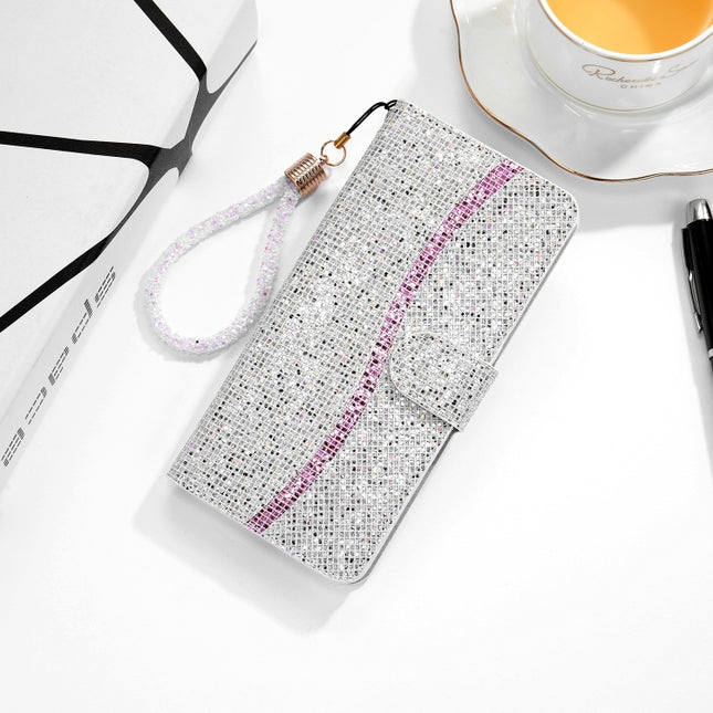 For iPhone 12 / 12 Pro Glitter Powder Horizontal Flip Leather Case with Card Slots & Holder & Lanyard(Silver)-garmade.com
