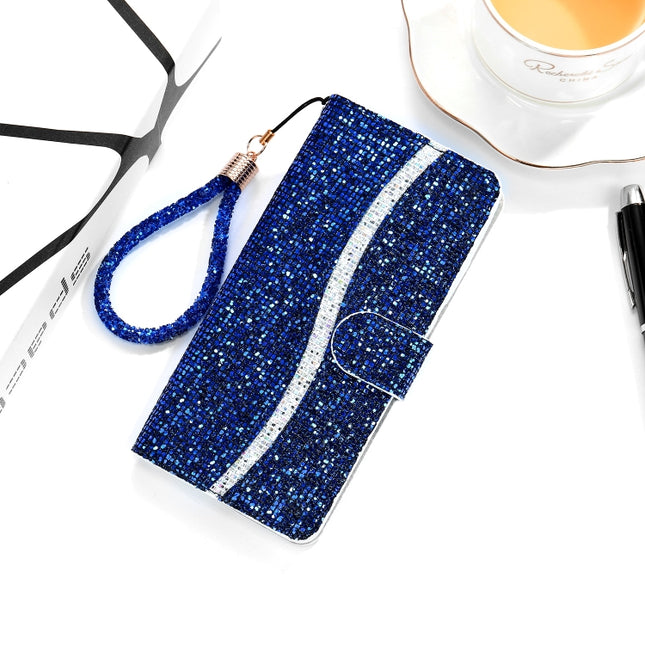 For iPhone 12 mini Glitter Powder Horizontal Flip Leather Case with Card Slots & Holder & Lanyard(Blue)-garmade.com