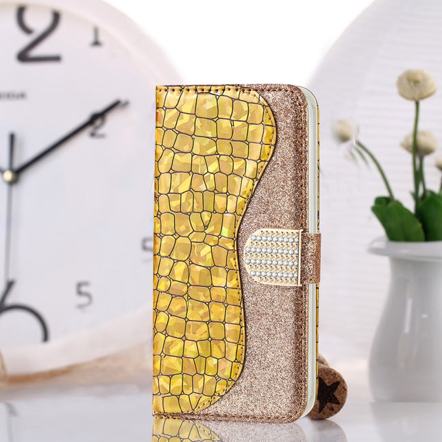 For iPhone 12 mini Laser Glitter Powder Matching Crocodile Texture Horizontal Flip Leather Case with Card Slots & Holder & Wallet(Gold)-garmade.com